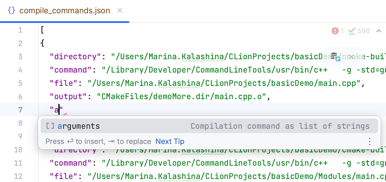 在 compile_database.json 中的代码补全 在 compile_database.json 中的代码补全