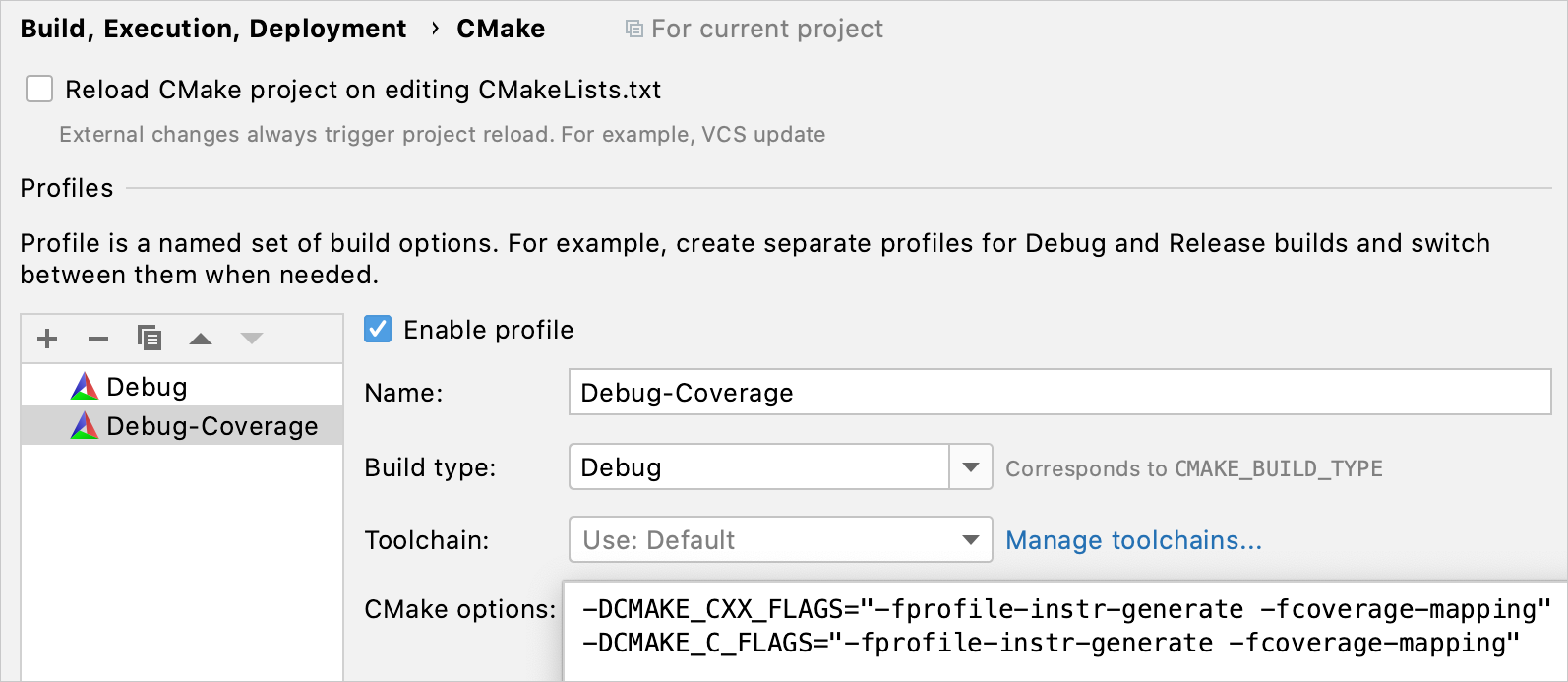Automatically added CMake profile with coverage flags Automatically added CMake profile with coverage flags