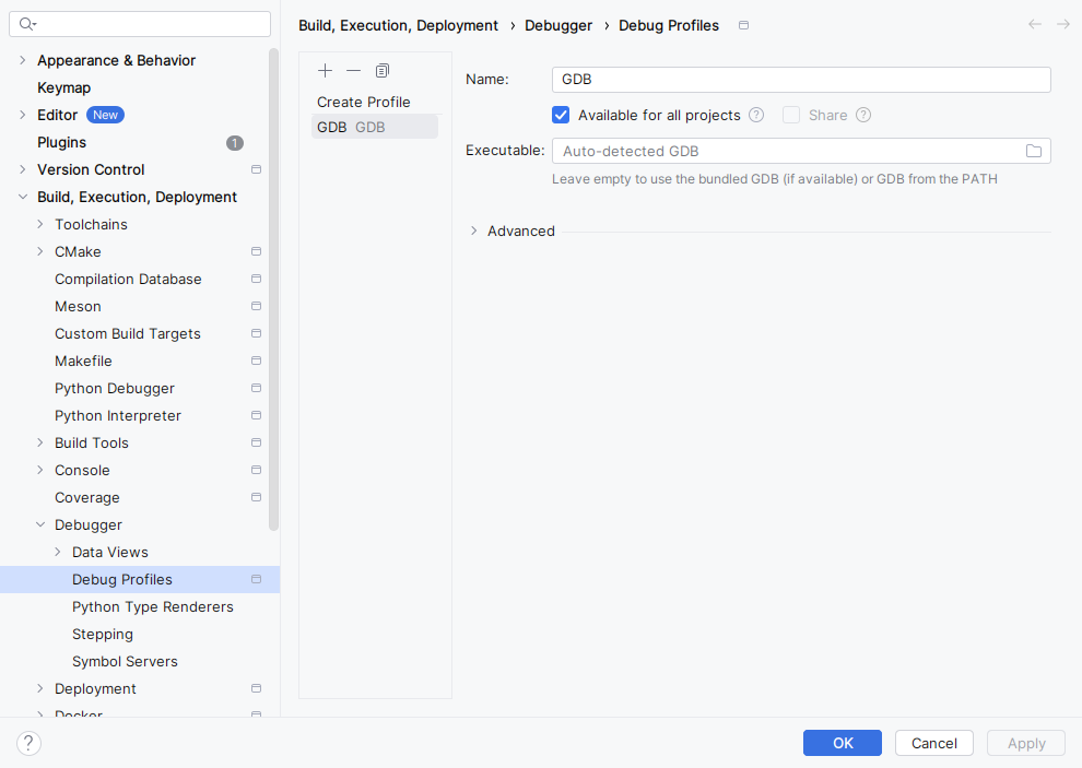 CLion Debug Profiles settings with a GDB profile showing Name, Executable, and Advanced fields, plus storage options. CLion Debug Profiles settings with a GDB profile showing Name, Executable, and Advanced fields, plus storage options.