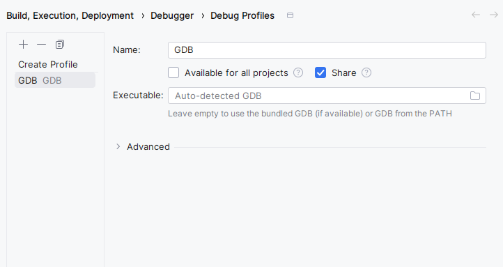 GDB debug profile with Available for all projects cleared and Share selected to store the profile in version control. GDB debug profile with Available for all projects cleared and Share selected to store the profile in version control.