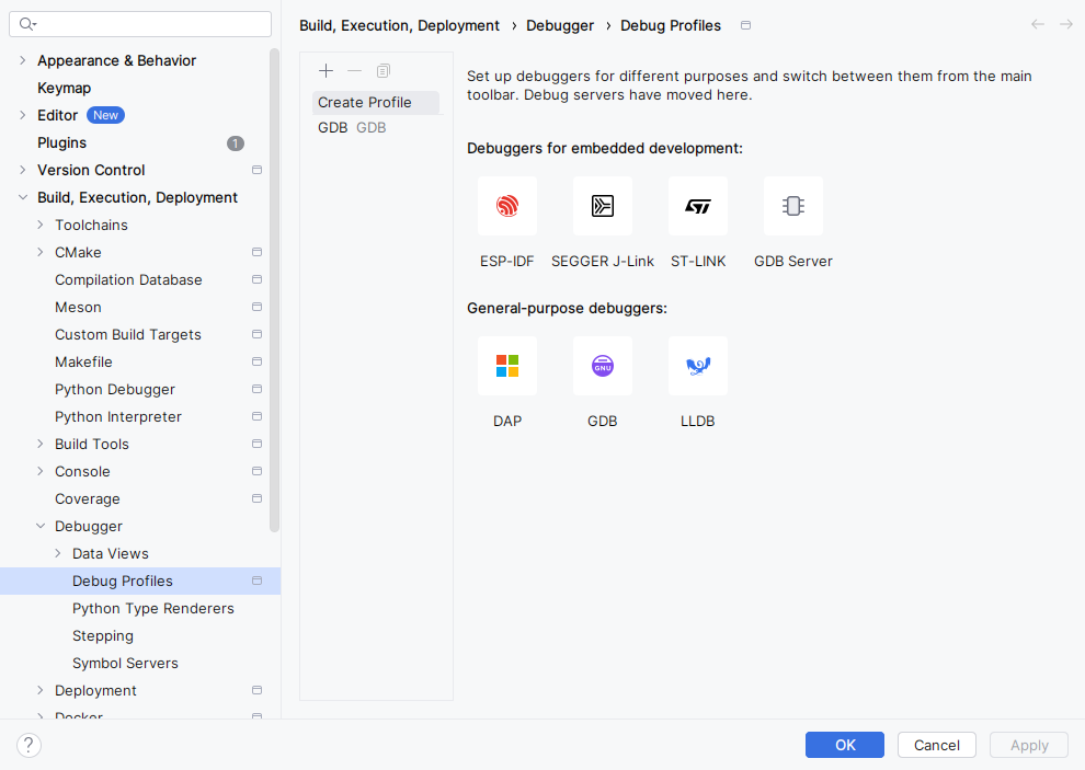 Debug Profiles settings page listing a GDB profile, with tiles to create embedded and general-purpose debugger profiles. Debug Profiles settings page listing a GDB profile, with tiles to create embedded and general-purpose debugger profiles.