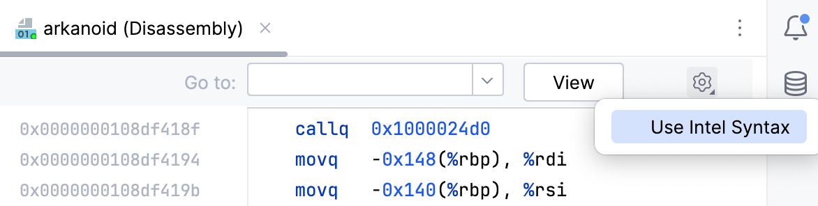 the Use Intel Syntax and Show Raw Output options the Use Intel Syntax and Show Raw Output options