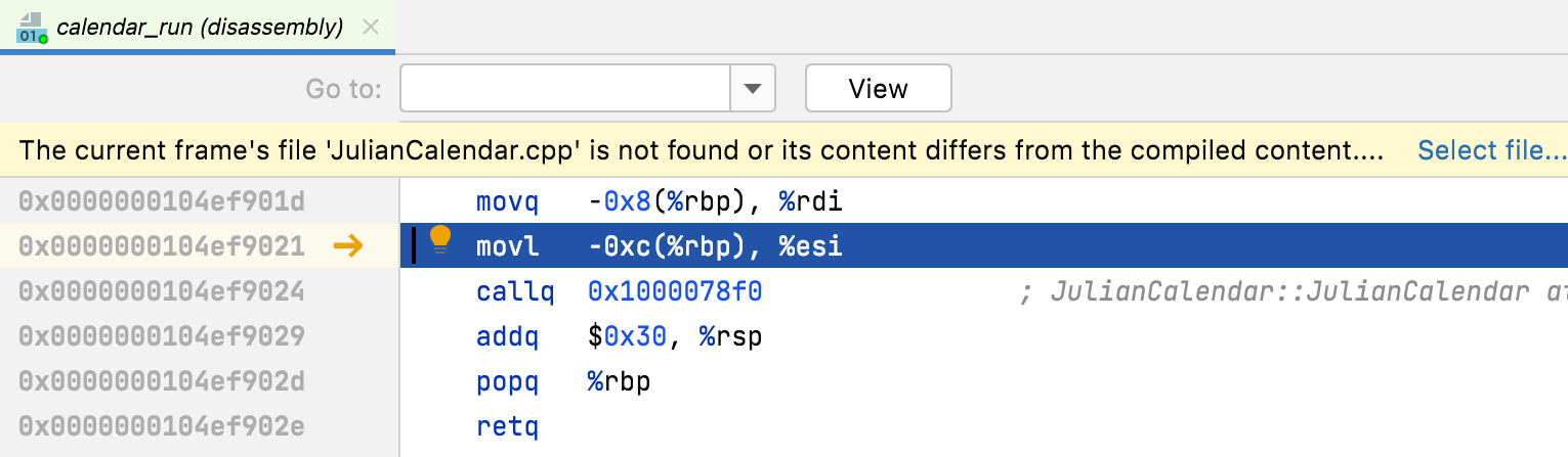 Selecting source file in disassembly Selecting source file in disassembly