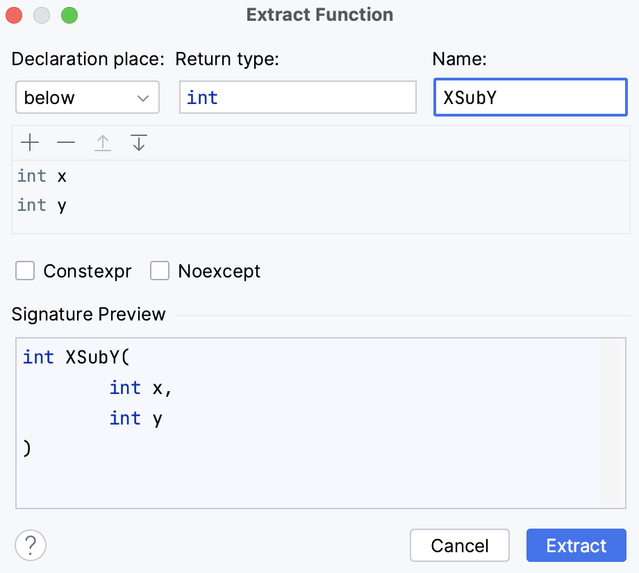 Extract method dialog Extract method dialog