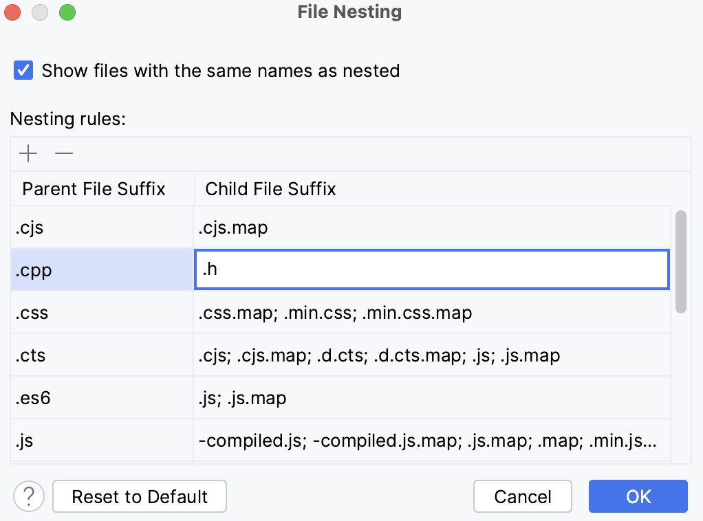 the File Nesting dialog the File Nesting dialog