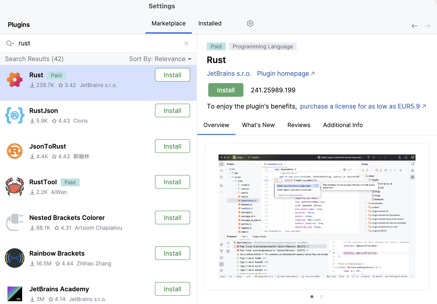 Installing Rust plugin from Settings Installing Rust plugin from Settings