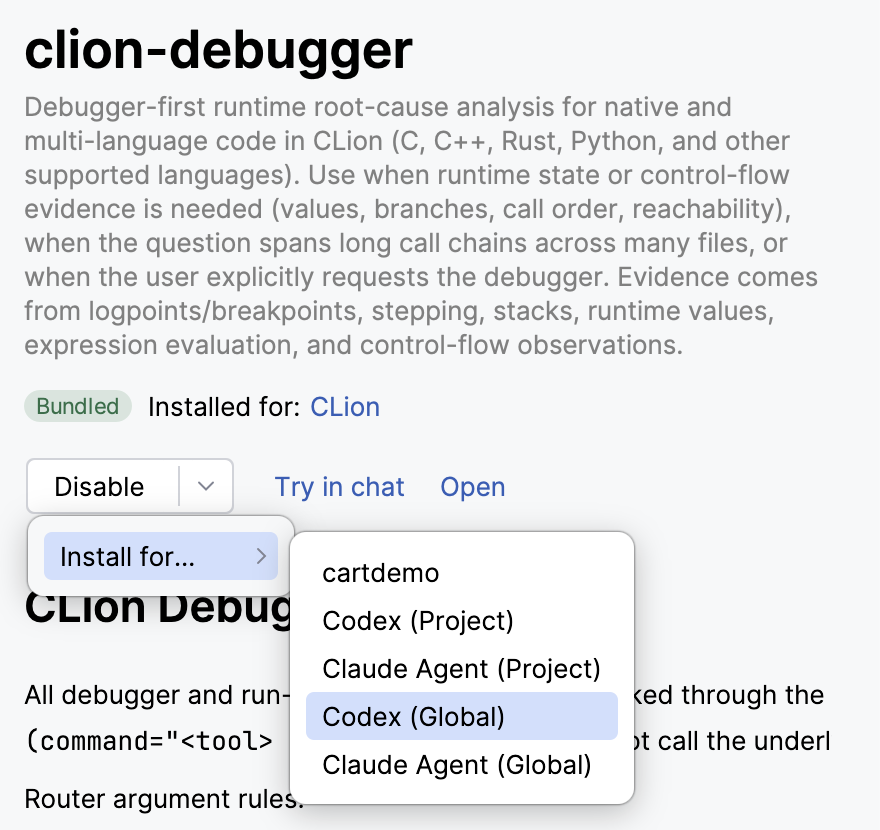 Install the clion-debugger skill for an external client