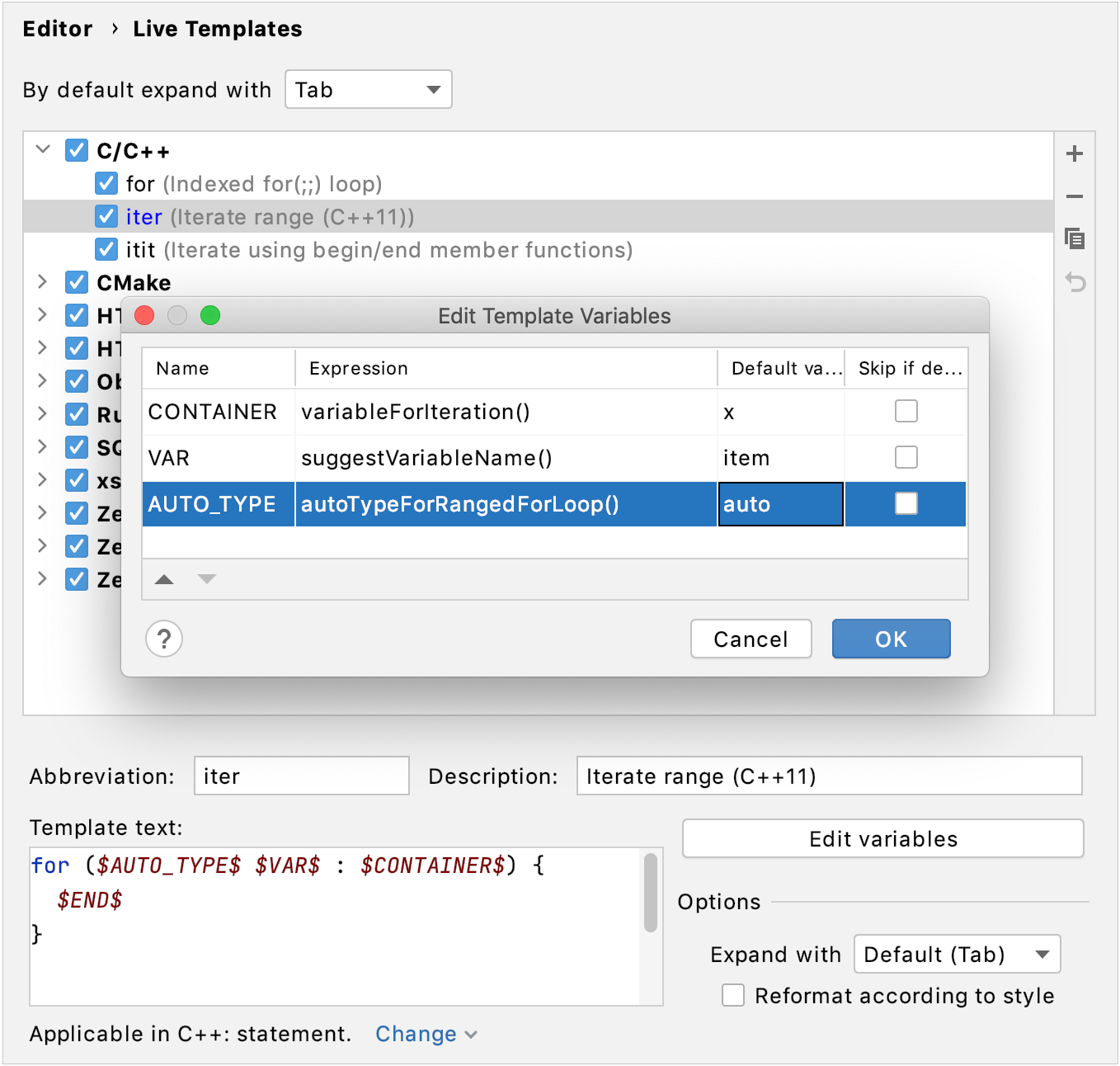 Live template variables Live template variables