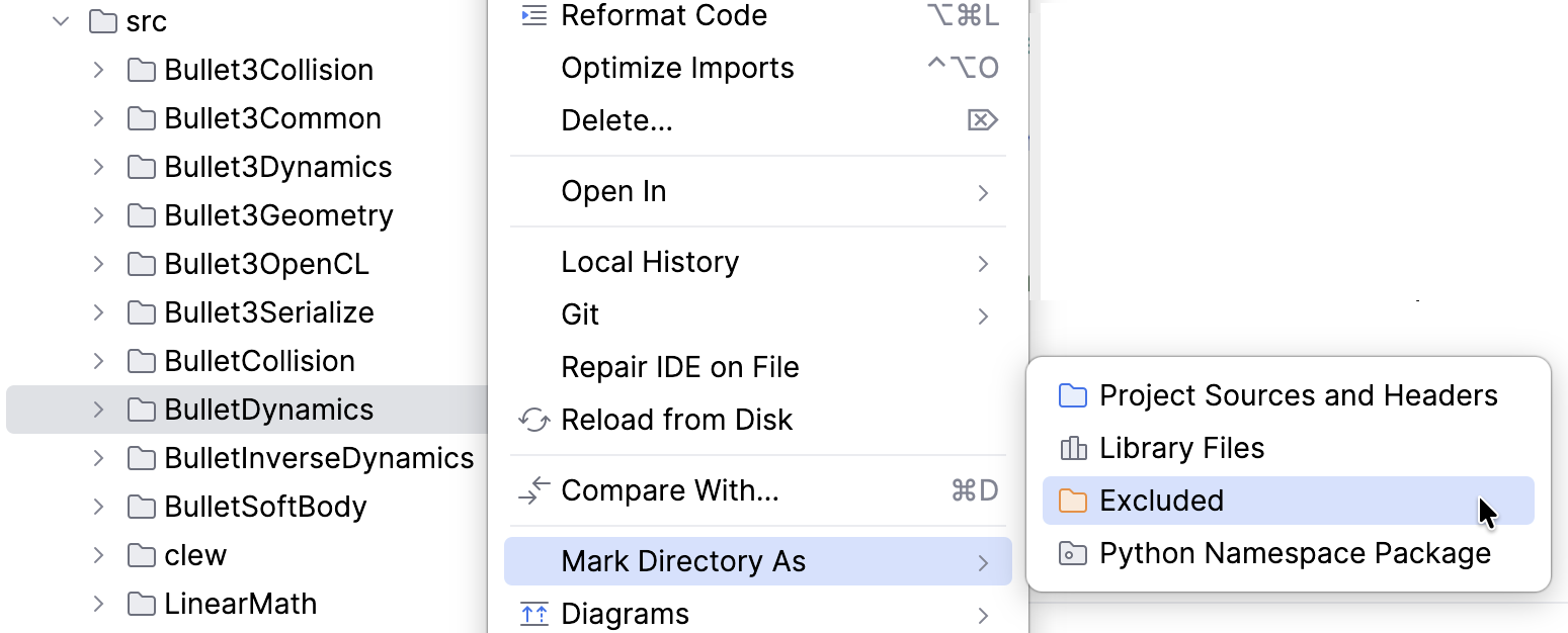 Mark directory as excluded Mark directory as excluded
