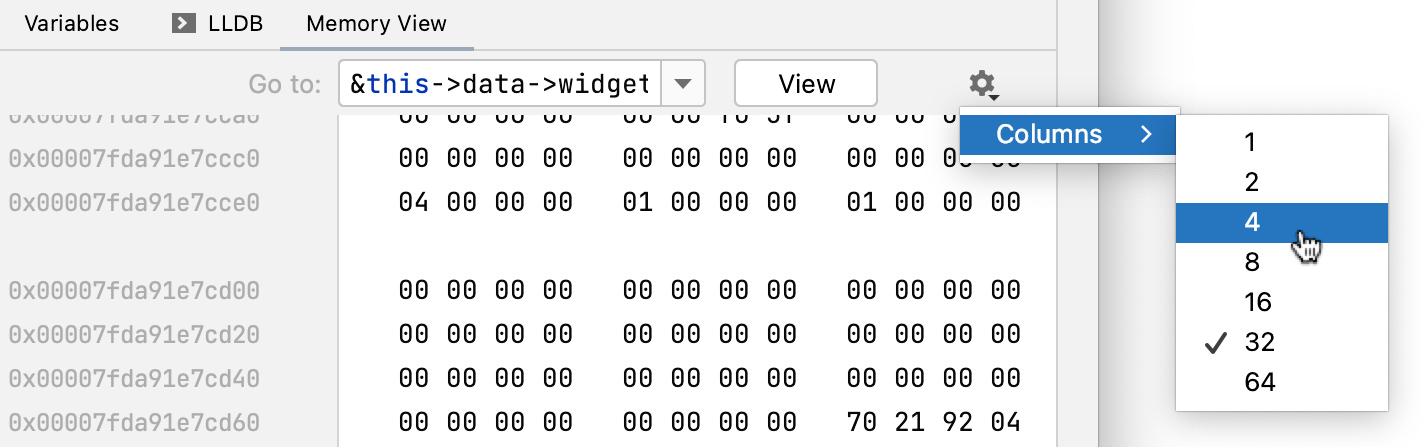 Changing the number of columns in memory view Changing the number of columns in memory view
