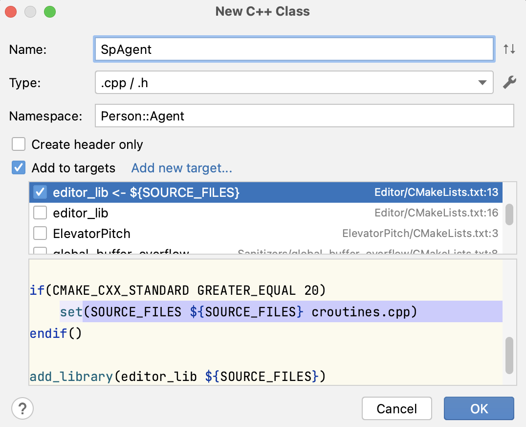 新建 C++ 类对话框