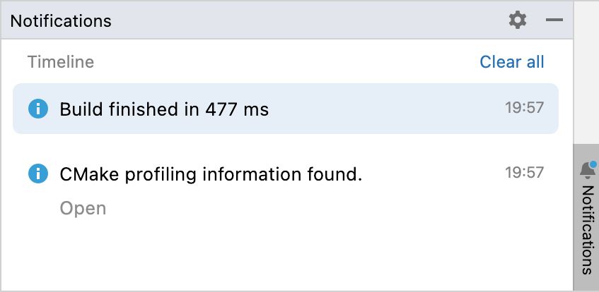 CLion 中的通知工具窗口,其时间线部分显示构建完成和 CMake 分析条目 CLion 中的通知工具窗口,其时间线部分显示构建完成和 CMake 分析条目