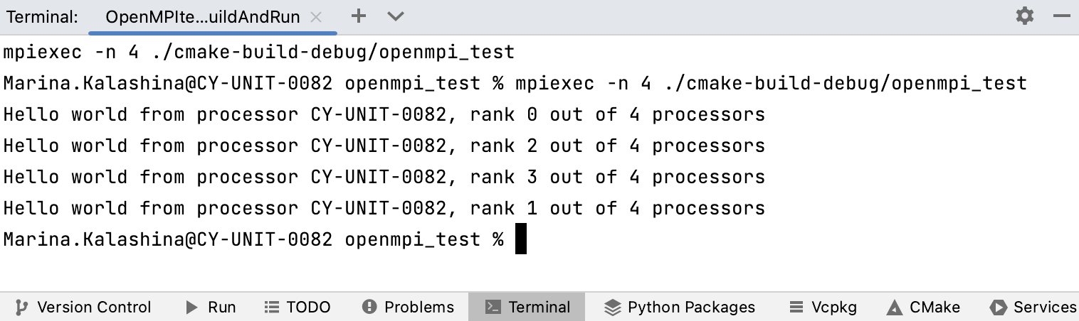 控制台中的 OpenMPI 程序输出 控制台中的 OpenMPI 程序输出