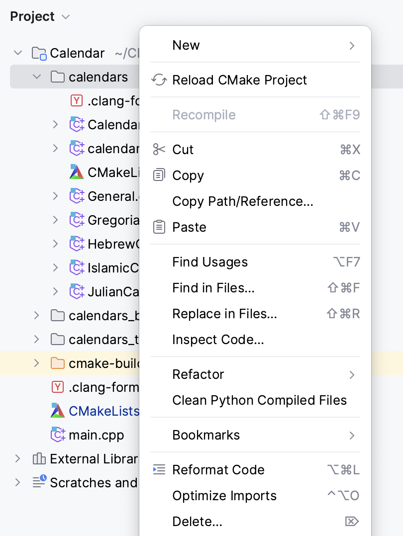 Project tool window context menu Project tool window context menu