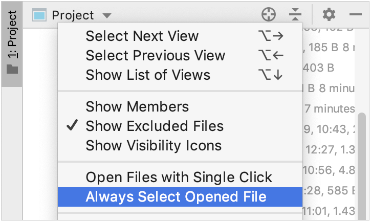 Project view context menu Project view context menu