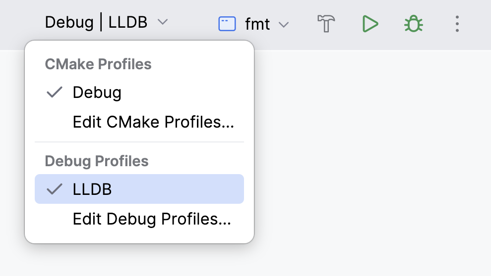 CLion toolbar profile switcher open, with CMake Profiles set to Debug and Debug Profiles set to the active LLDB profile. CLion toolbar profile switcher open, with CMake Profiles set to Debug and Debug Profiles set to the active LLDB profile.