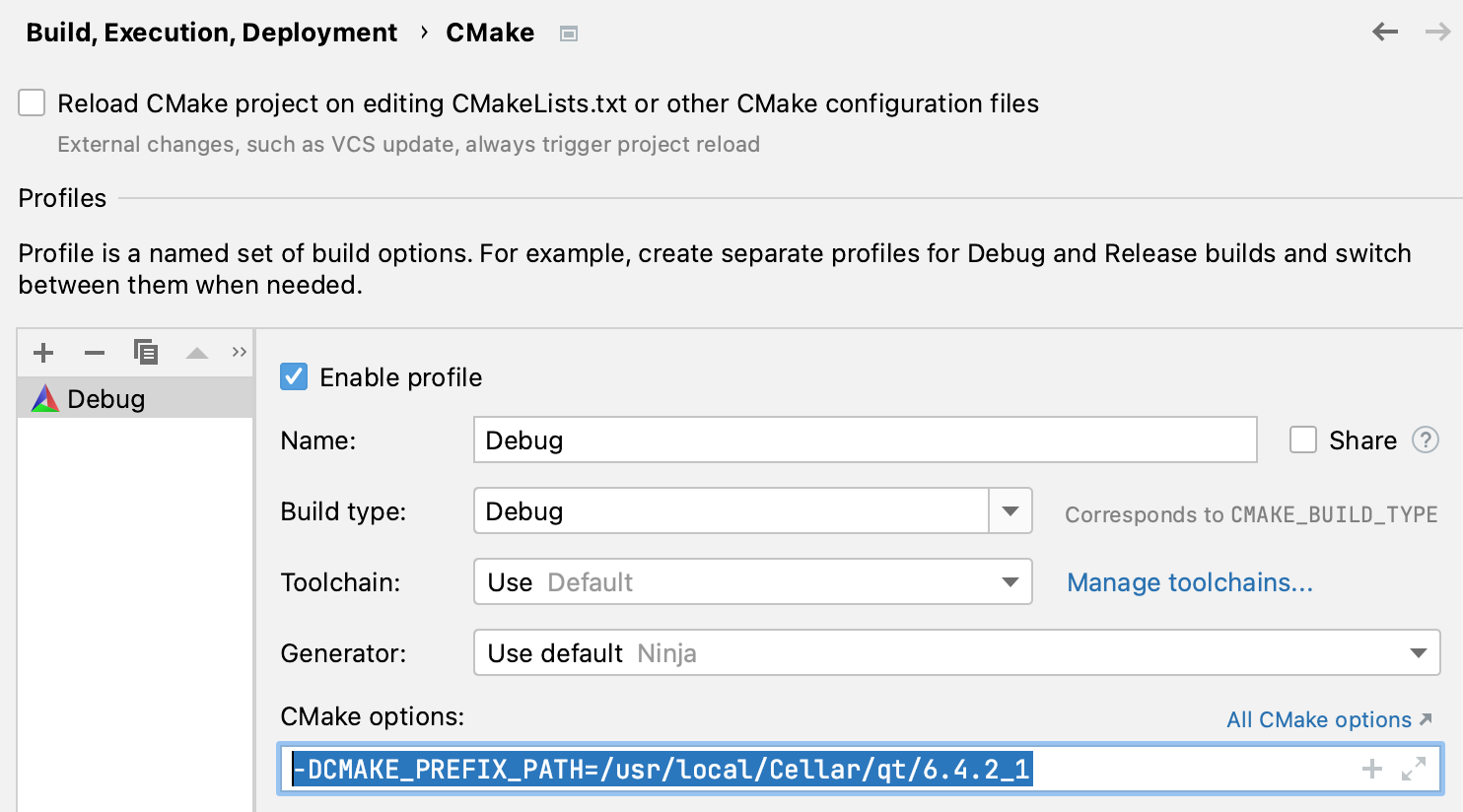 CMake 选项中的 Qt 安装路径