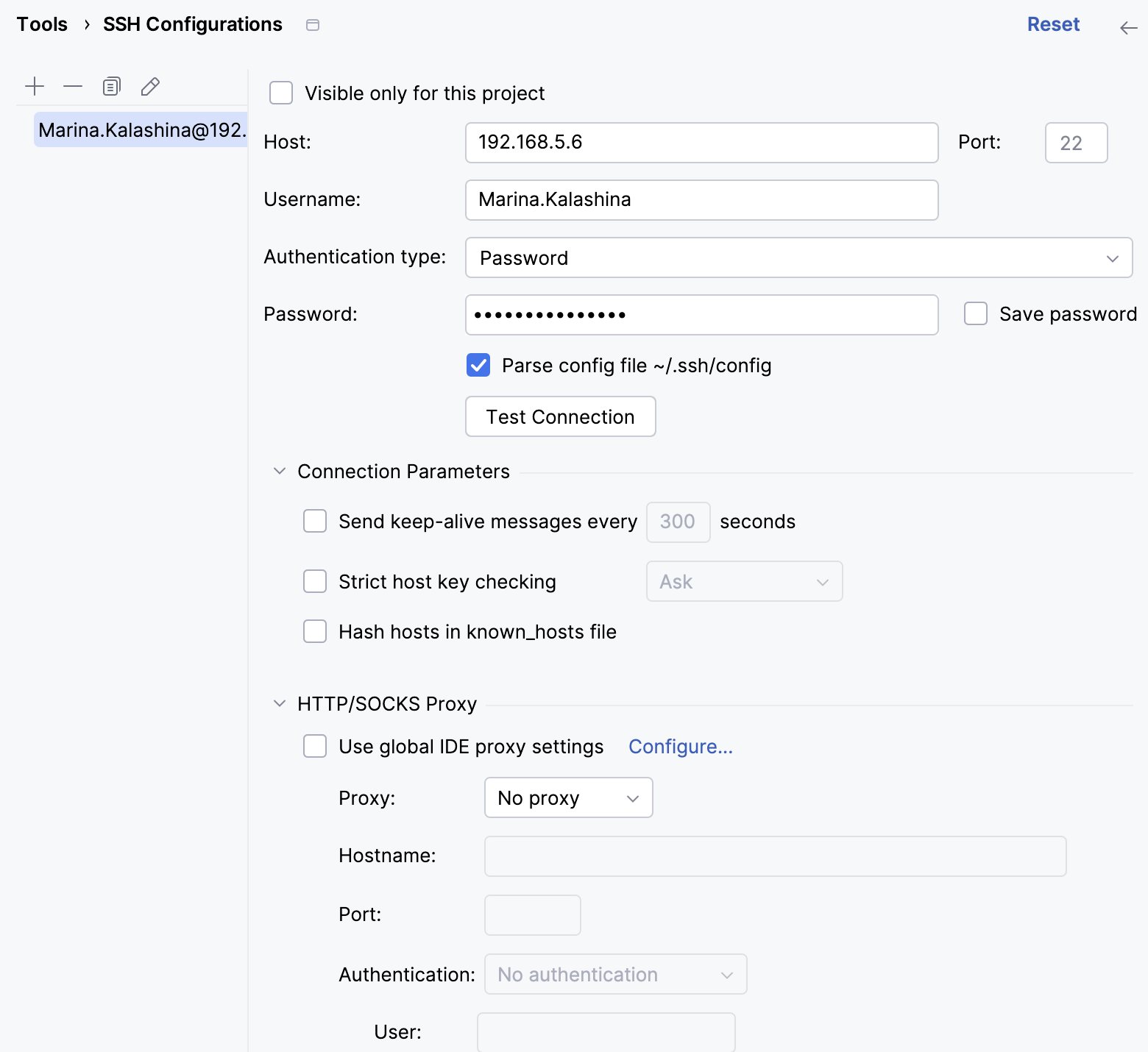 SSH configurations dialog SSH configurations dialog