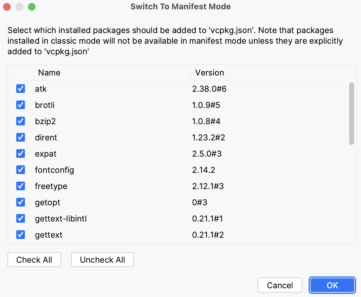 将添加到 vcpkg.json 的包