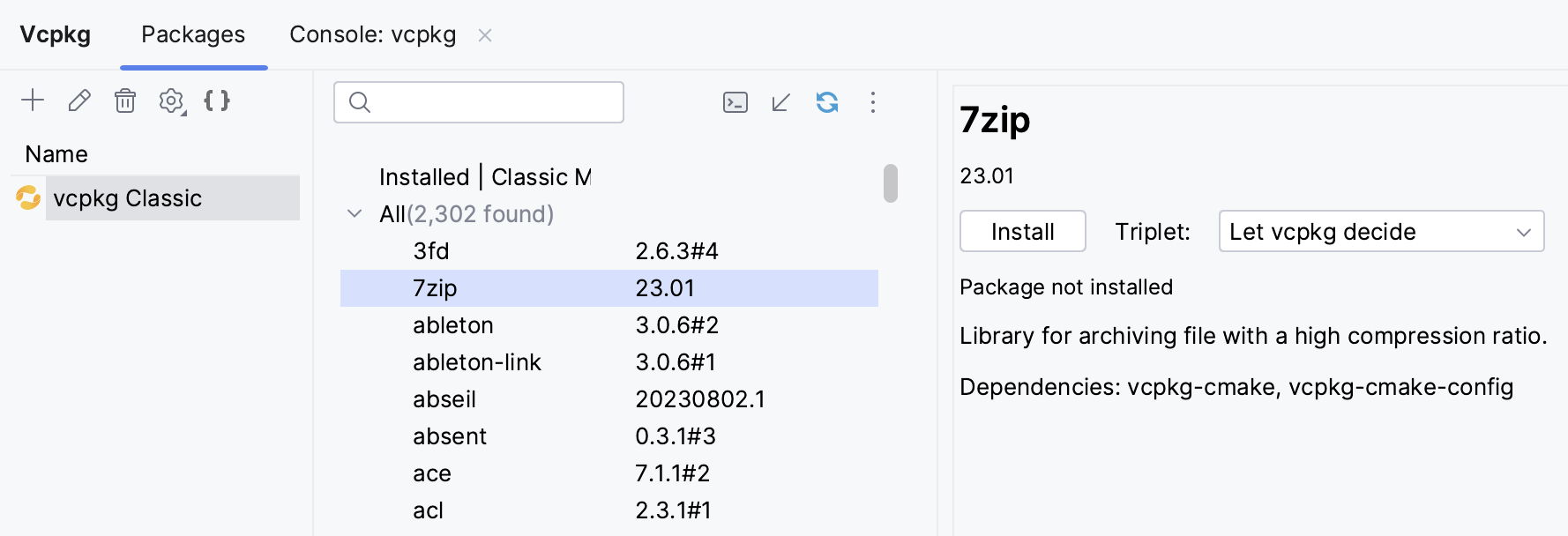 Vcpkg 工具窗口
