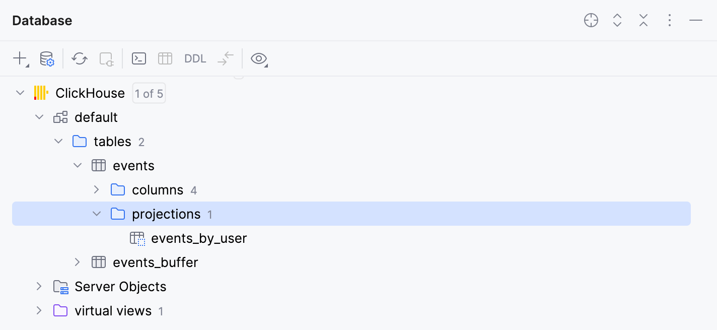 ClickHouse projections in Database tool window