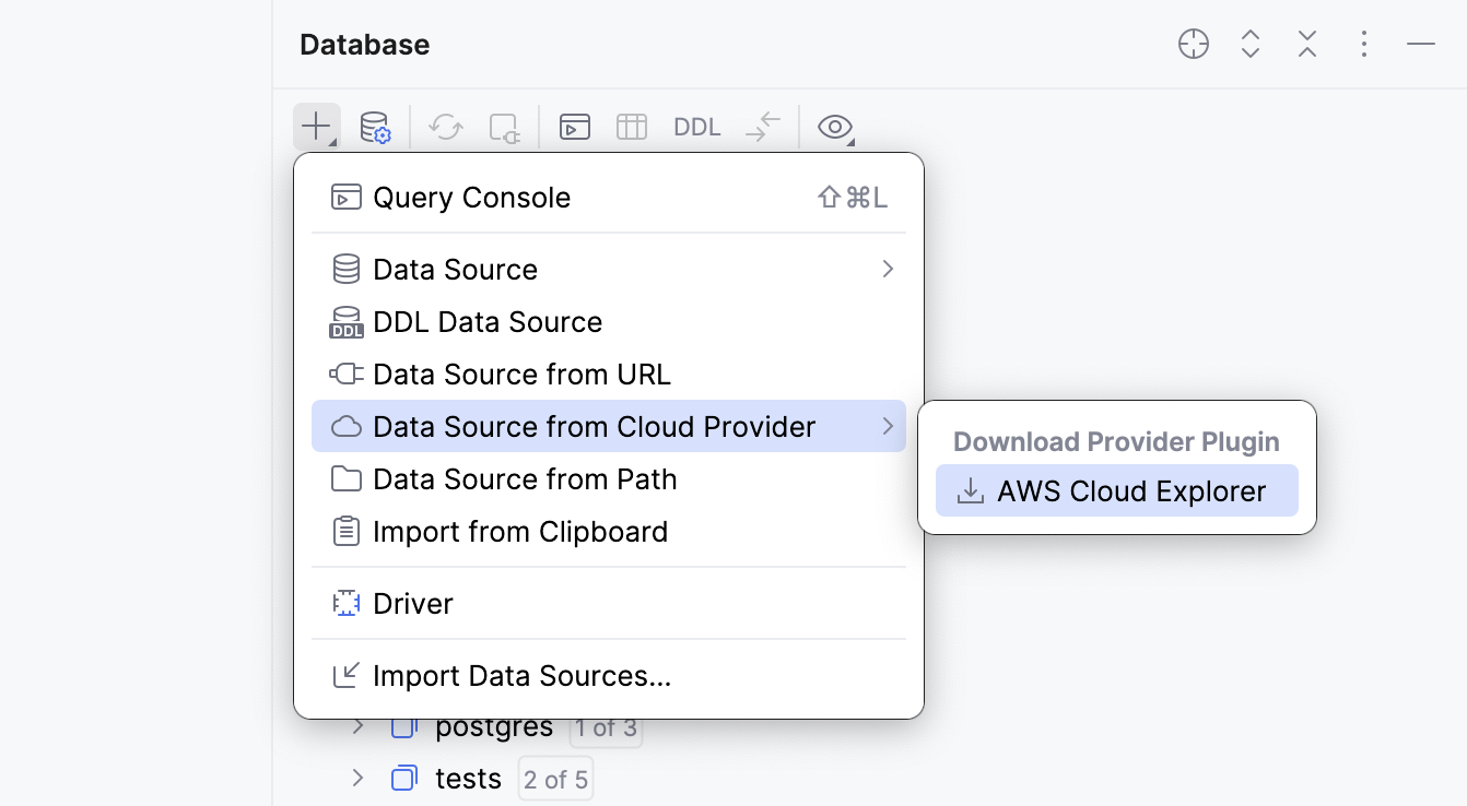 Selecting the AWS cloud provider plugin to download in Database tool window Selecting the AWS cloud provider plugin to download in Database tool window