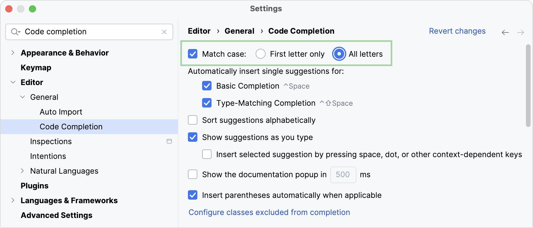 Code Completion settings Code Completion settings