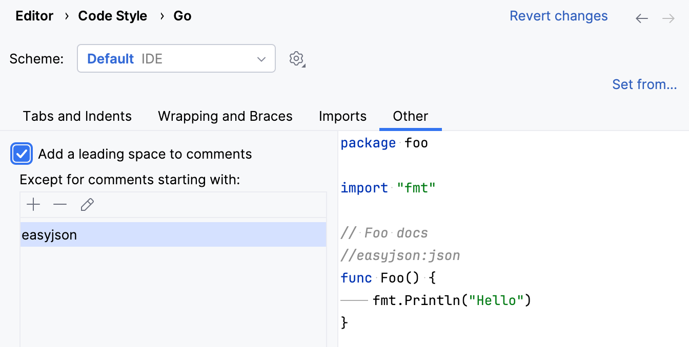 Configure leading spaces for comments in Go Configure leading spaces for comments in Go
