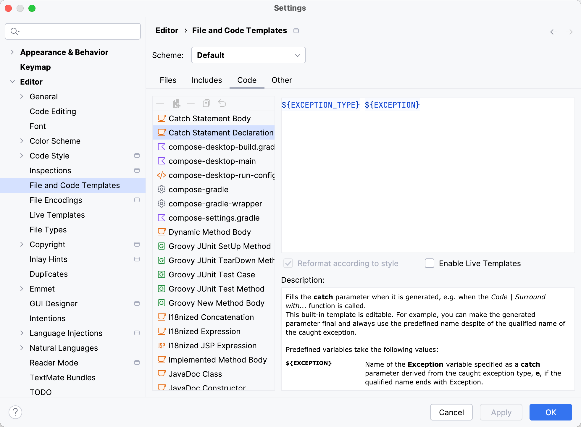 Code template settings Code template settings