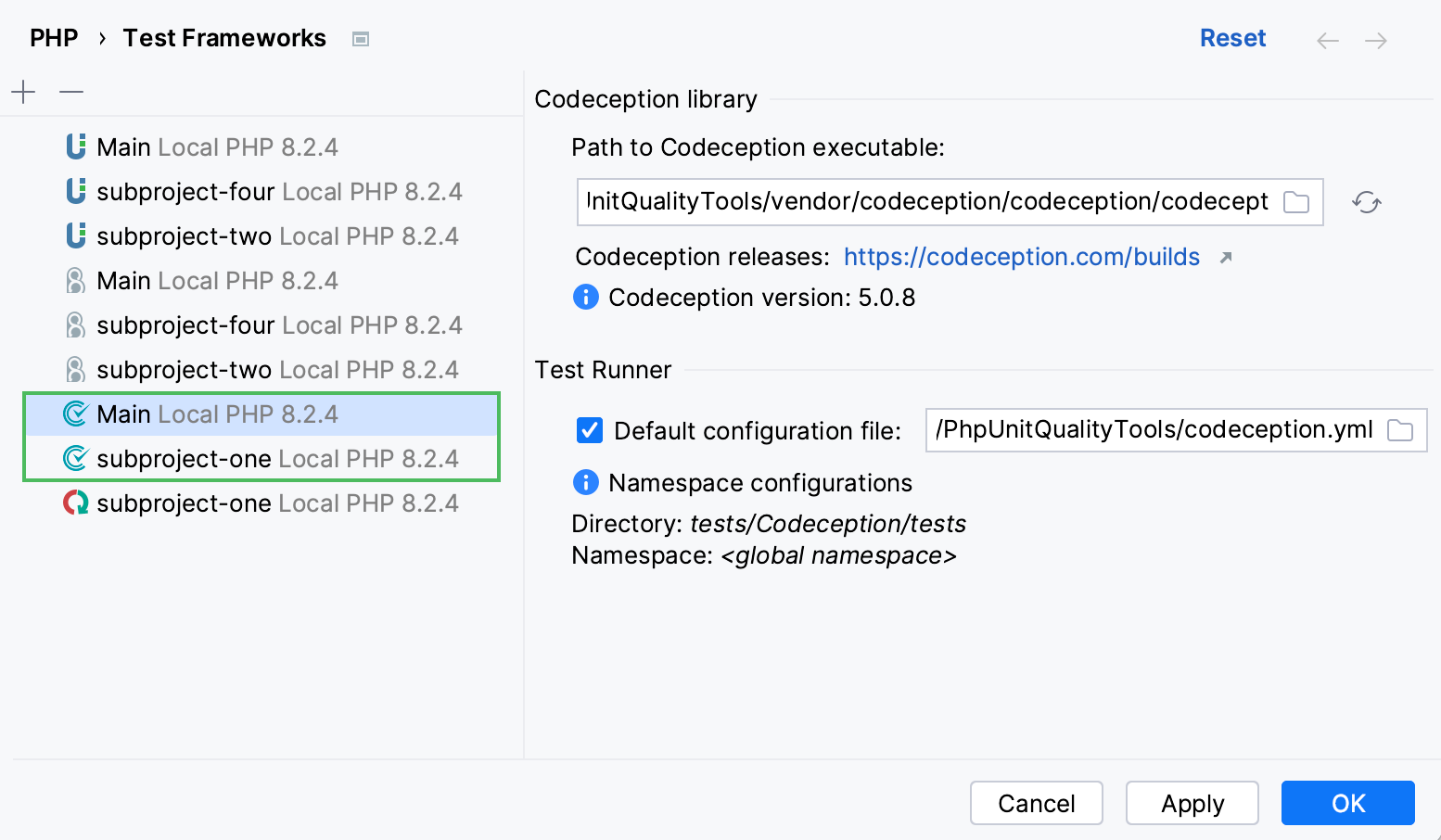 Codeception configurations Codeception configurations