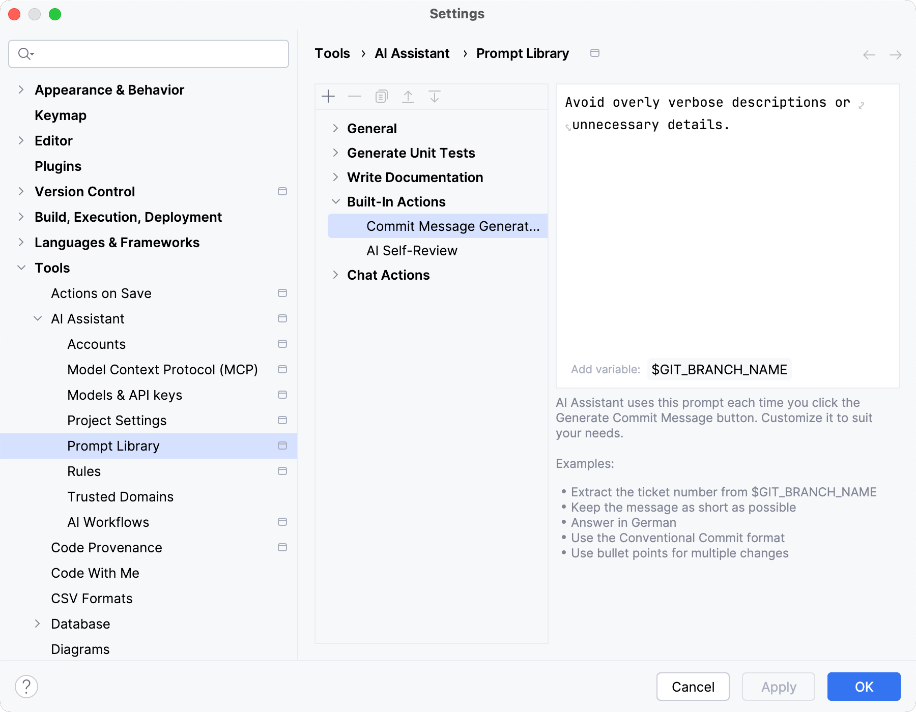 The list of default rules for commit message generation prompt The list of default rules for commit message generation prompt