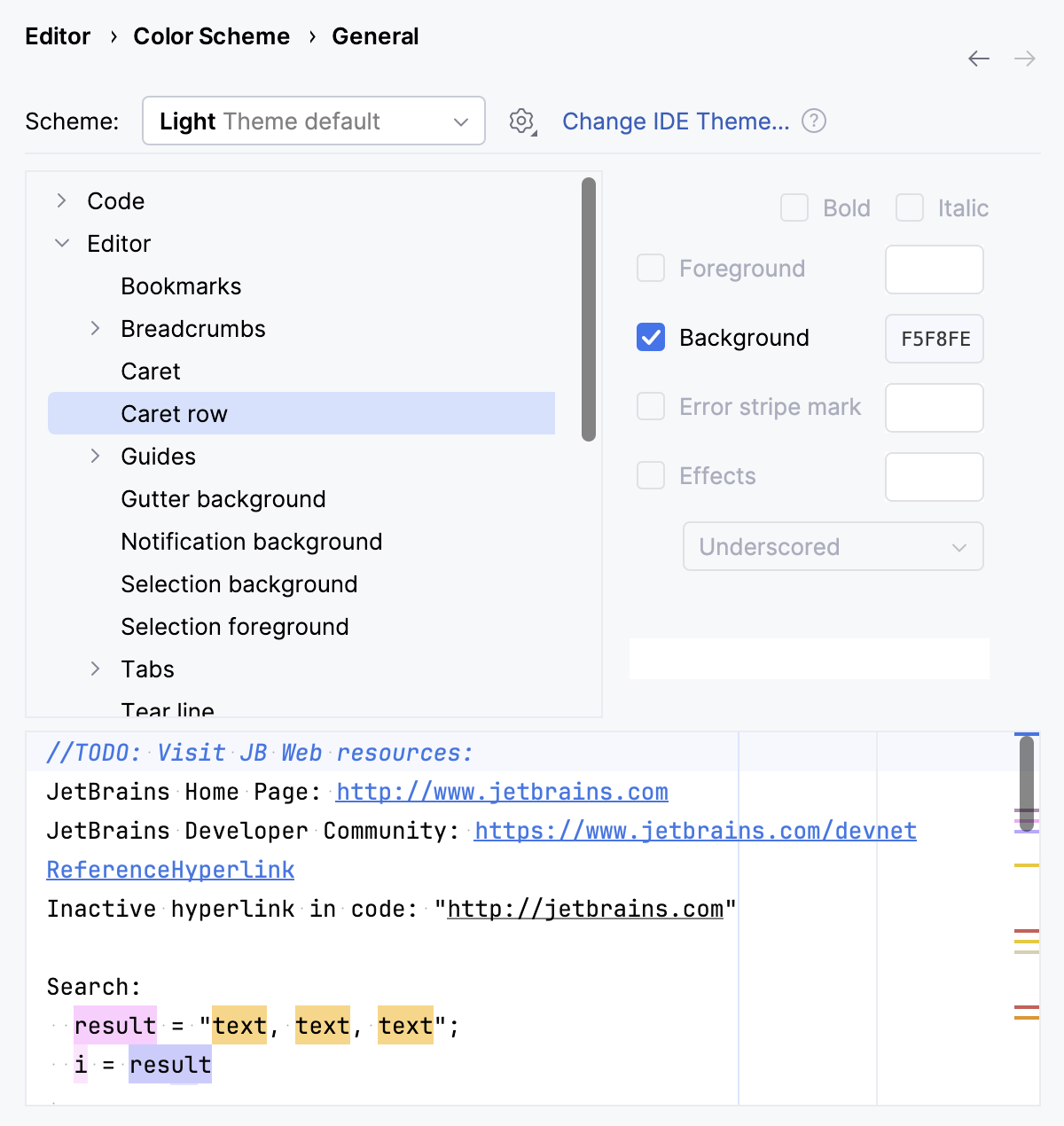 Configuring the color of the caret row Configuring the color of the caret row