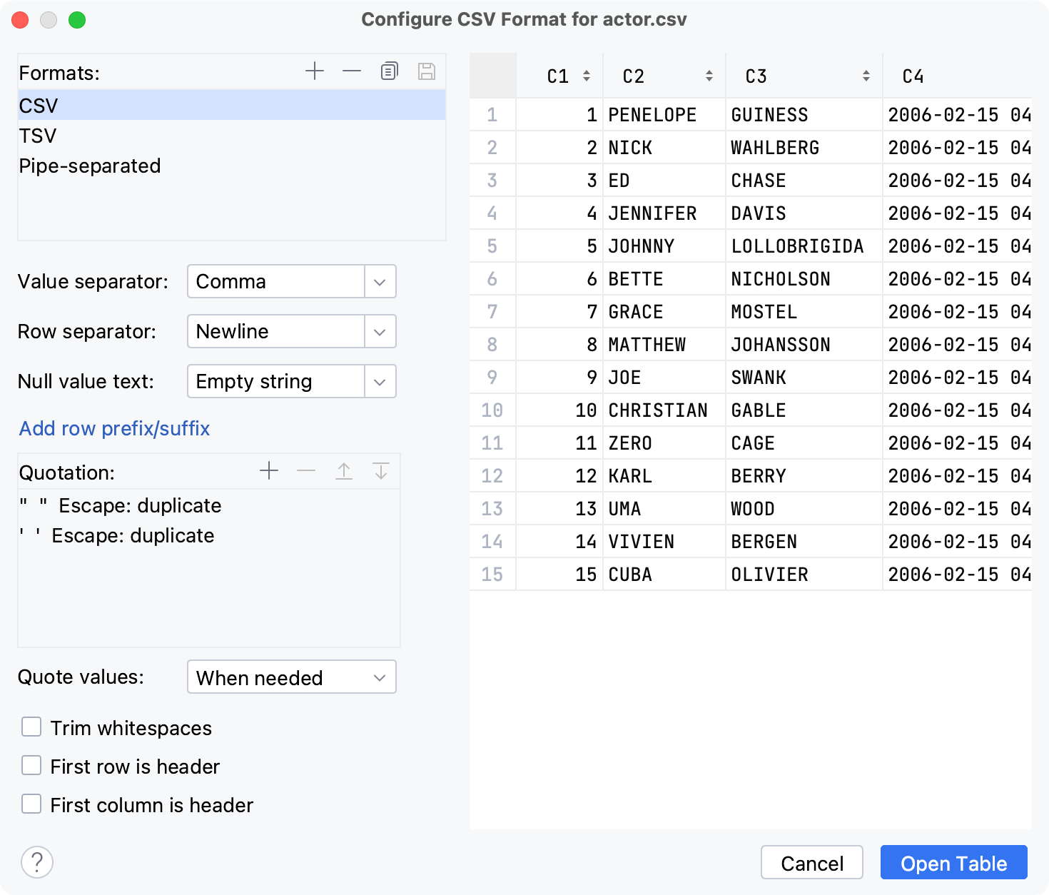 Configure CSV Format for <file_name> dialog Configure CSV Format for <file_name> dialog