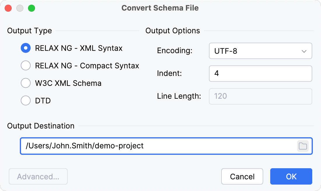 Convert Schema File dialog Convert Schema File dialog