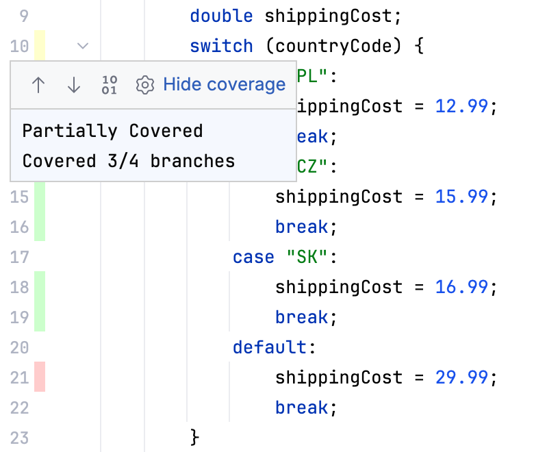 Code coverage popup for a switch statement ran with IntelliJ IDEA runner Code coverage popup for a switch statement ran with IntelliJ IDEA runner