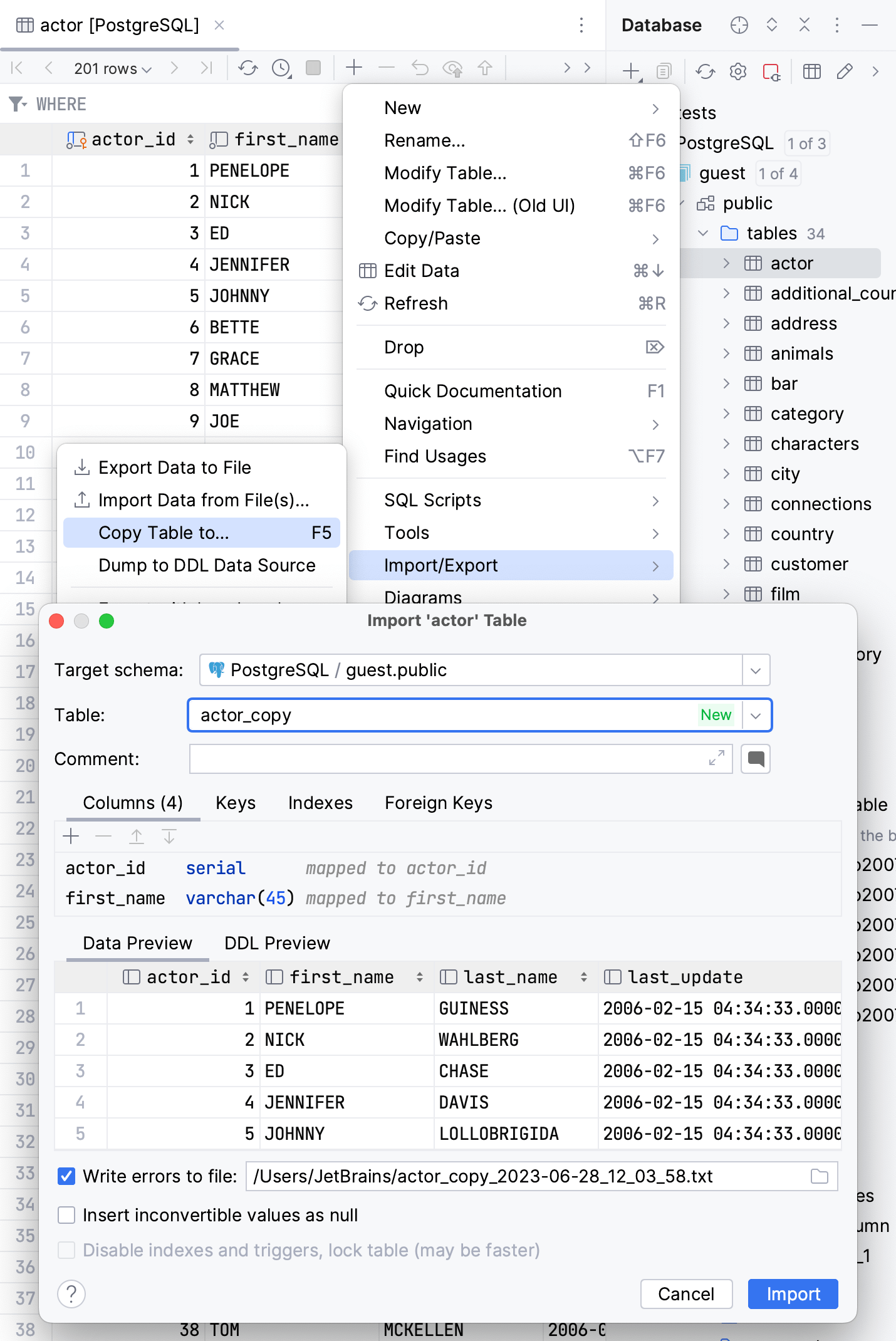 Create a table copy using context menu Create a table copy using context menu