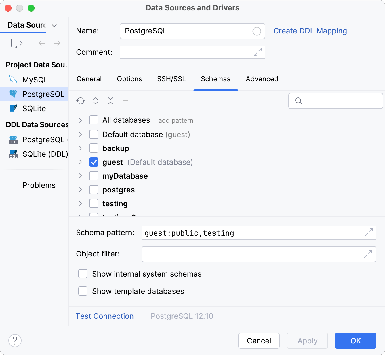 Data Source and Drivers dialog: Schemas tab of Data Sources settings Data Source and Drivers dialog: Schemas tab of Data Sources settings