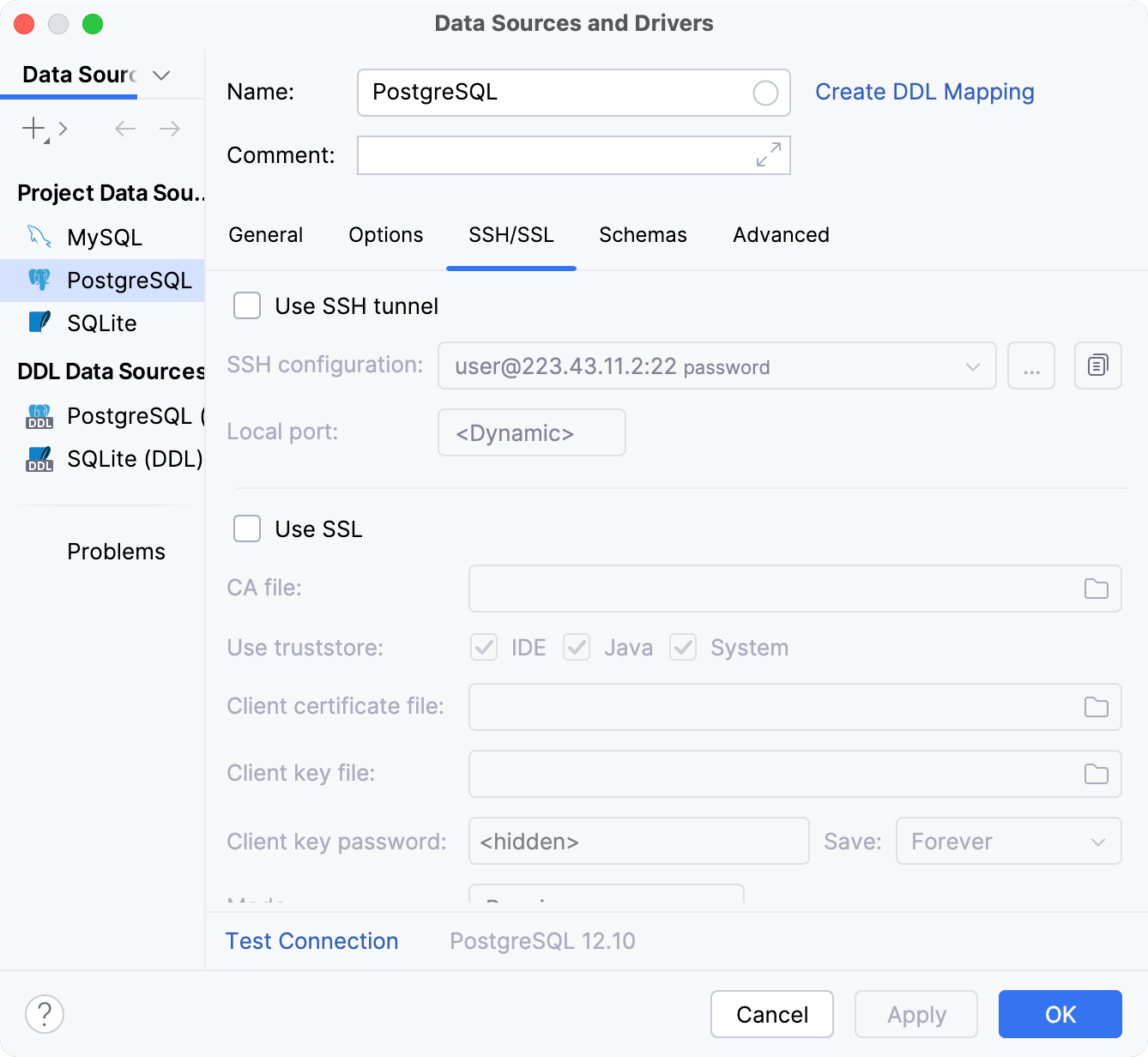 Data Source and Drivers dialog: SSH/SSL tab of Data Sources settings Data Source and Drivers dialog: SSH/SSL tab of Data Sources settings