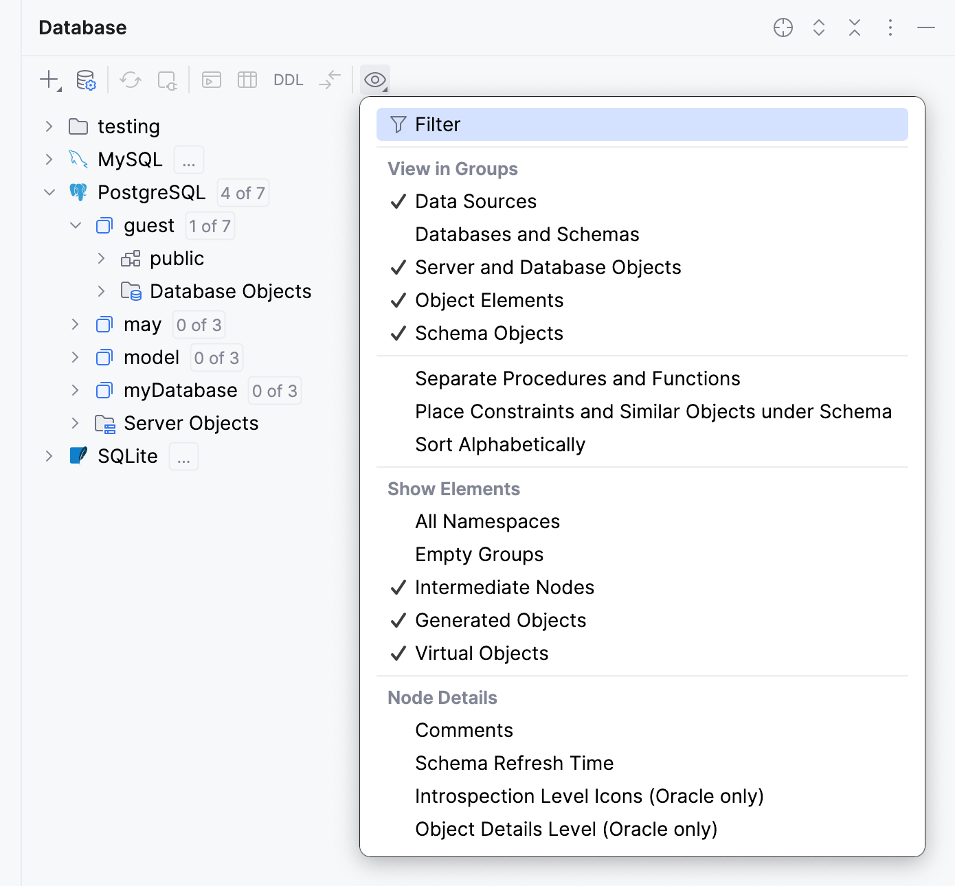 View Options menu items in Database tool window