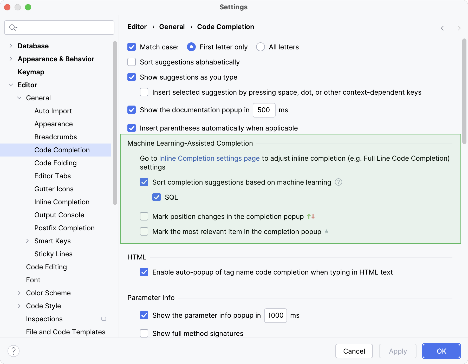 ML-assisted completion settings ML-assisted completion settings
