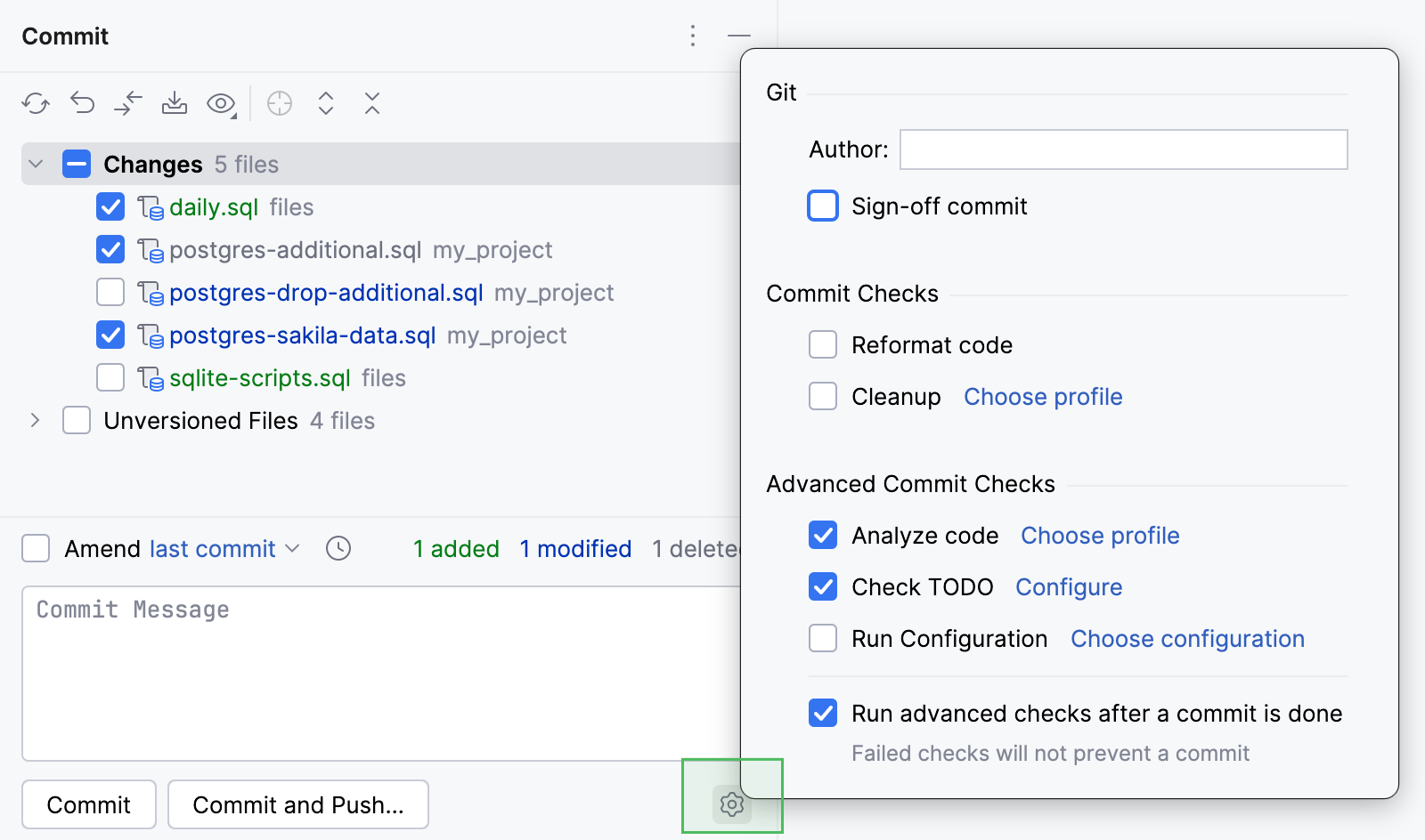 Advanced commit options popup Advanced commit options popup