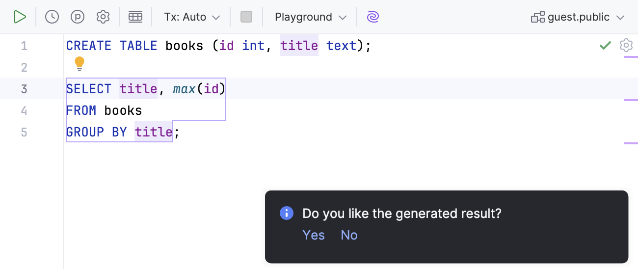 AI Assistant suggests a fix for the problems of selected SQL code AI Assistant suggests a fix for the problems of selected SQL code