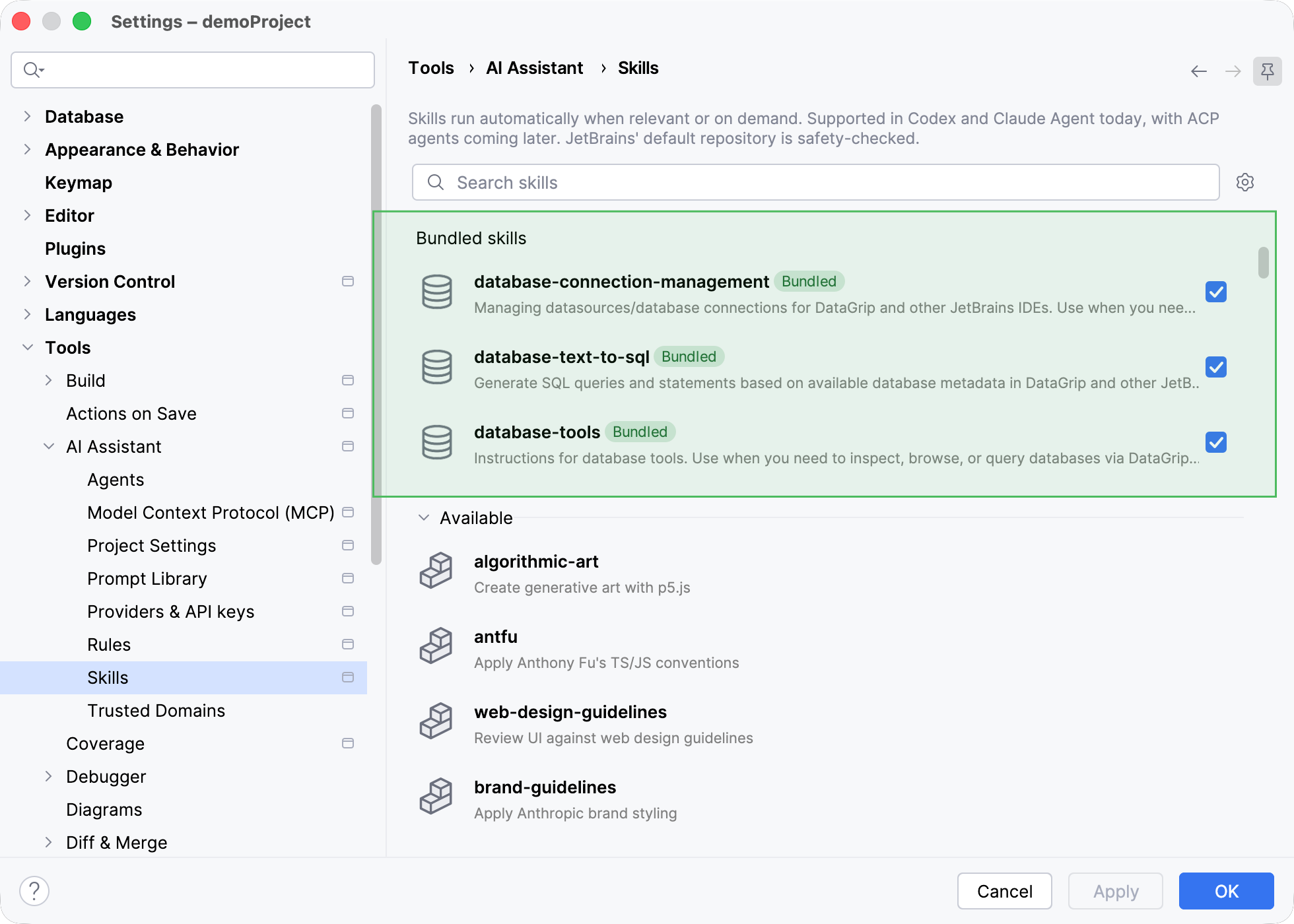 The database-related AI agent skills in IDE settings The database-related AI agent skills in IDE settings