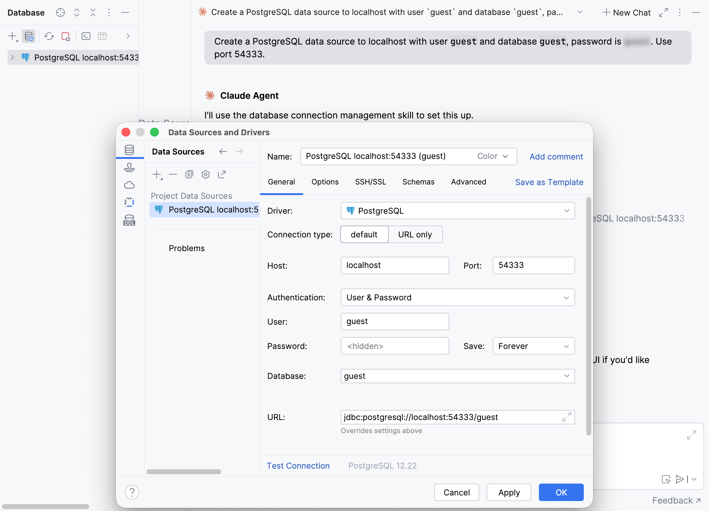 Data source settings contain the connection details provided earlier in chat Data source settings contain the connection details provided earlier in chat