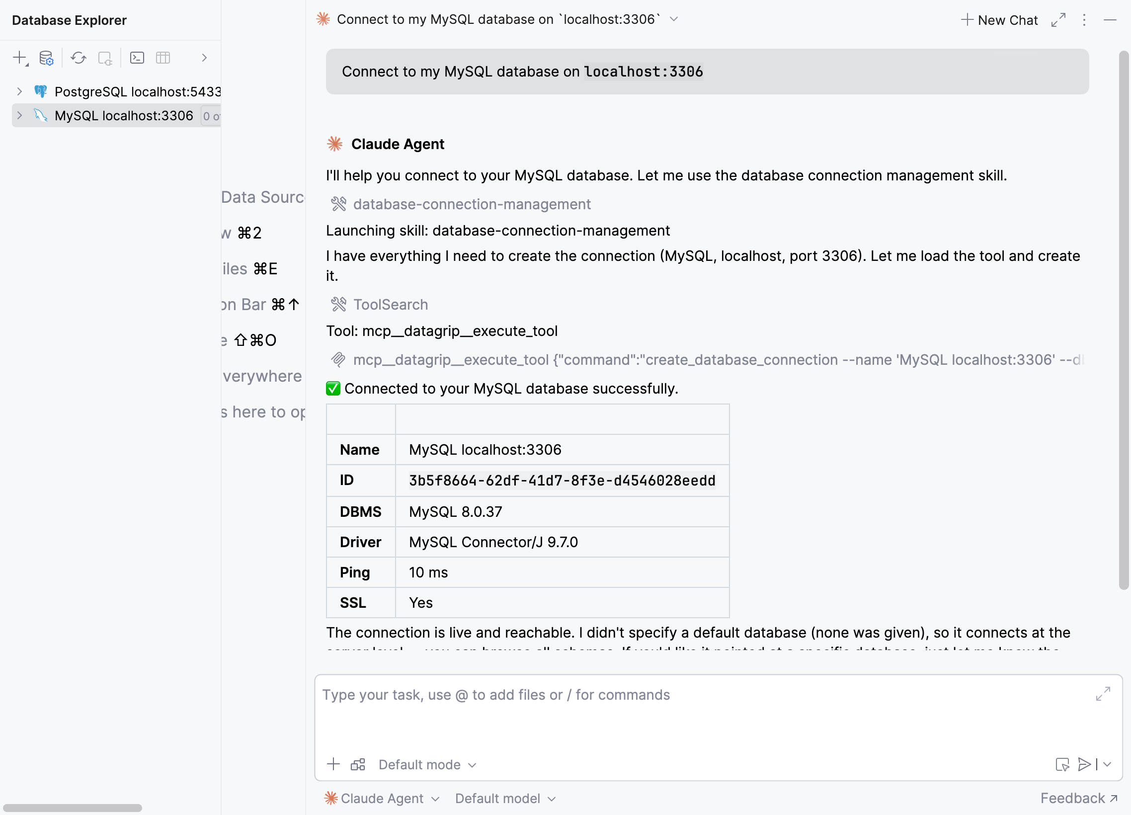 AI agent uses the database-connection-management skill to create a new data source and connect to a database AI agent uses the database-connection-management skill to create a new data source and connect to a database