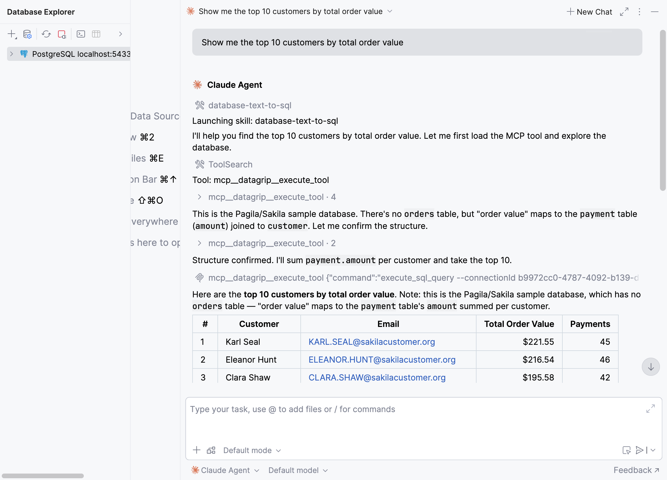 AI agent uses the database-to-sql skill to turn a plain-language request into a SQL query AI agent uses the database-to-sql skill to turn a plain-language request into a SQL query