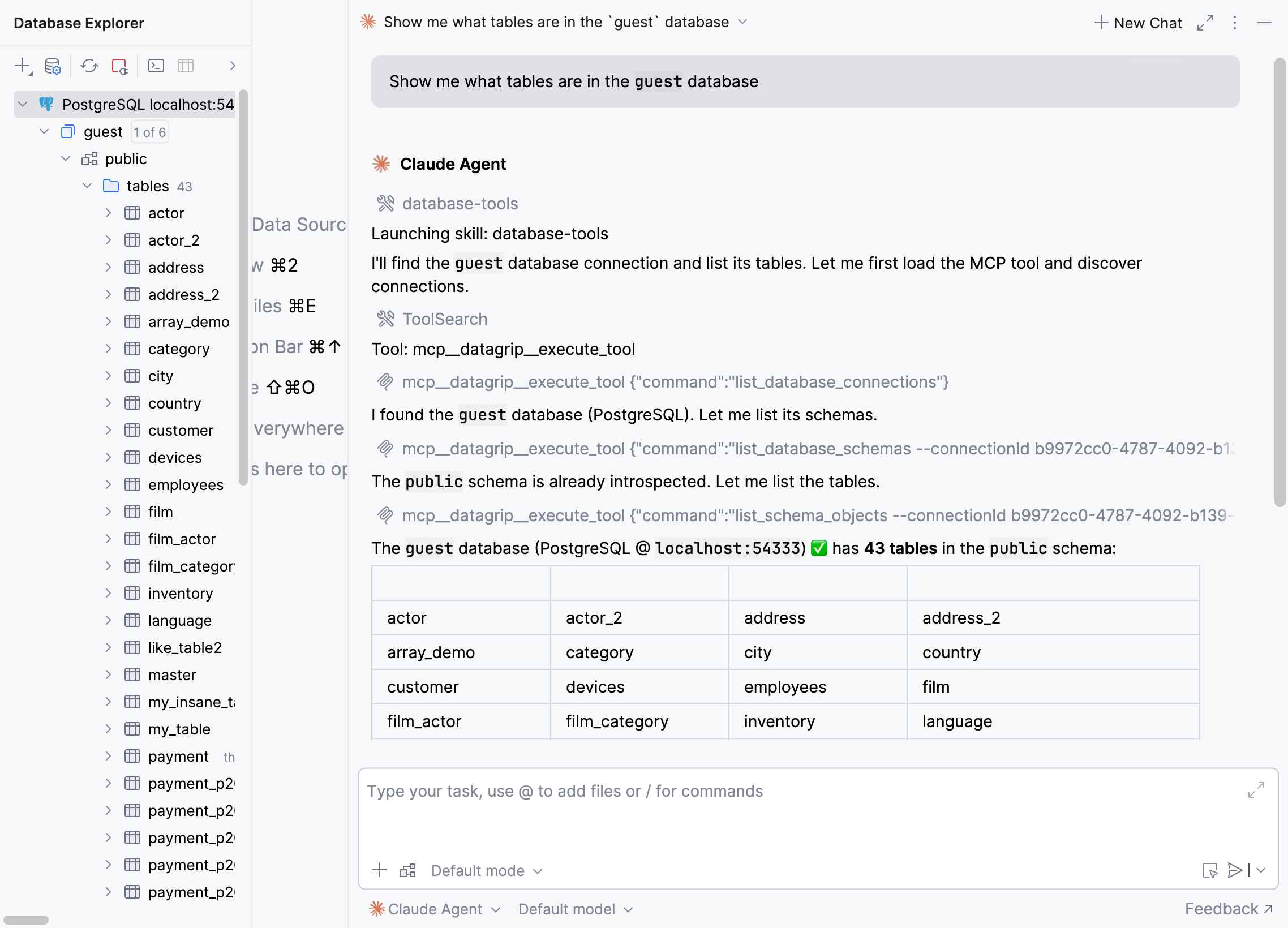 AI agent uses the database-tools skill to explore a connected database AI agent uses the database-tools skill to explore a connected database