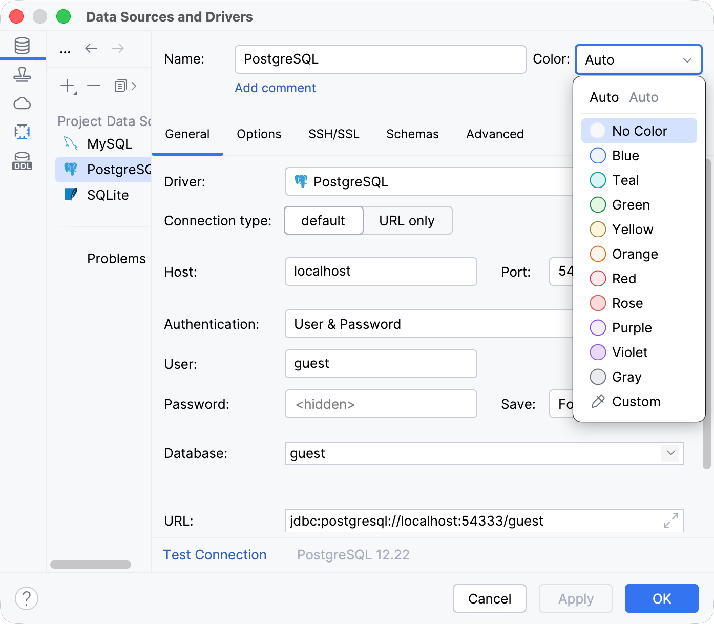Assign a color to a data source in the Data Source and Drivers Assign a color to a data source in the Data Source and Drivers