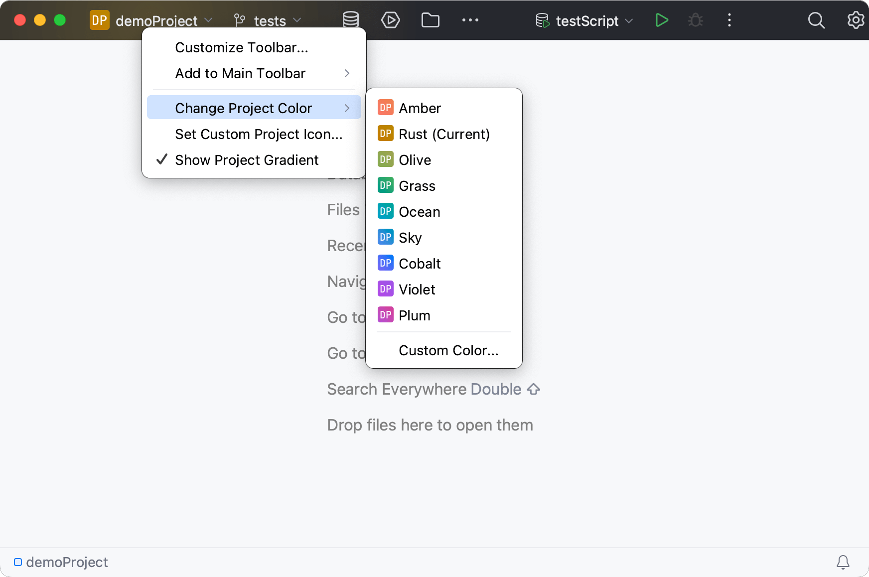 Configuring the main toolbar color Configuring the main toolbar color