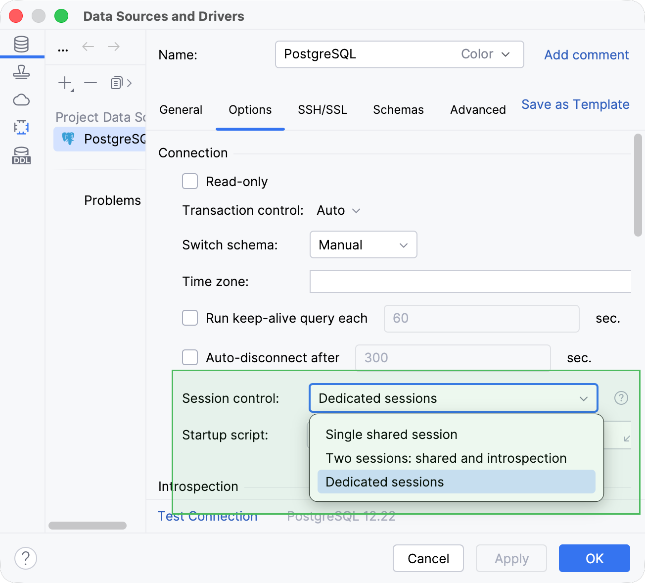 Change session mode for a data source in the Data Source and Drivers dialog